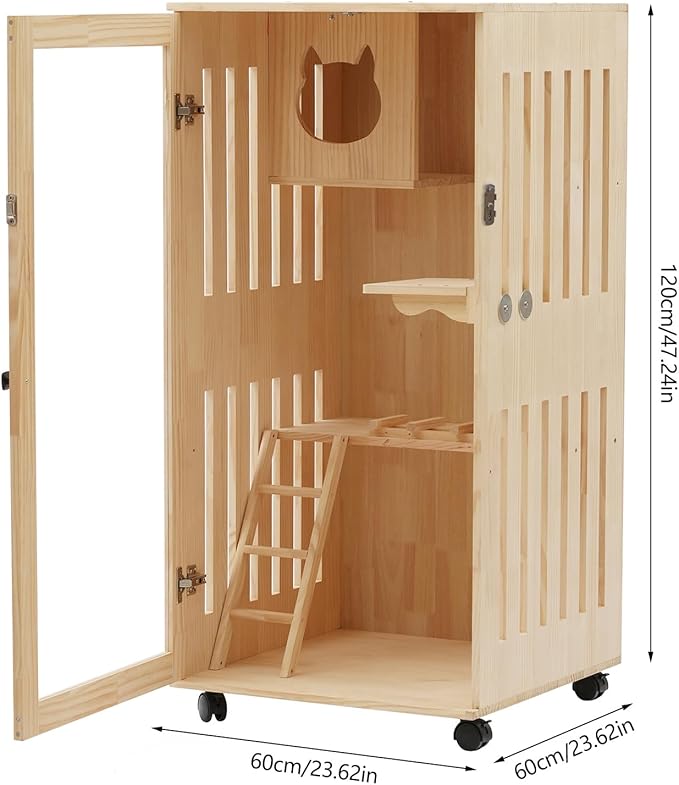 Large Wooden Cat House, Luxury Multi-Feature Cat Condo with Cat Scratching Posts, Oversized Indoor Villa Enclosed Design with Wheels and Ventilation Doors