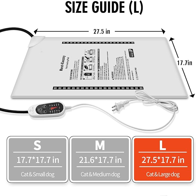 Rest-Eazzzy Heated Cat Bed with Removable Cover, 5 Level Timer & Temperature, Indoor Warming Mat for Cats & Dogs (Heat Pad, Pure-Grey, L)