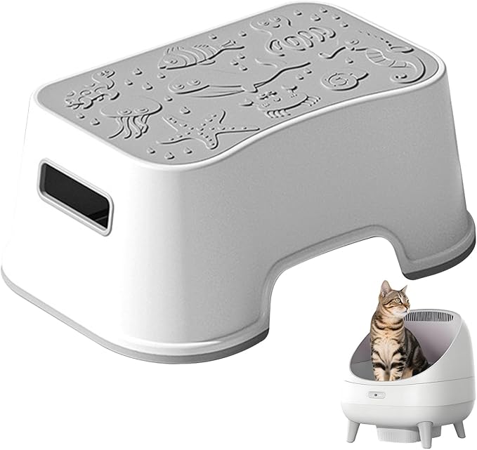 SpaceTime Elevated Cat Litter Mat for Litter Box,Trapping Litter Ramp/Steps for Floor Indoor,Washable Easy Cleaning Cat Pad with Filter Function,Suitable for Kitty & Senior Cats (Grey-Stool Shape)