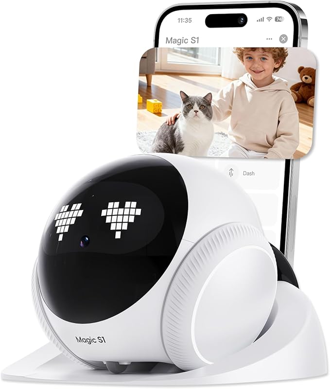 Magic S1 Indoor Security Robot Camera 1080P Movable Pet Camera with App Control, 2-Way Audio, Motion Detection, Night Vision, Auto-Recharge, Smart Home Cam for Pet/Elderly/Baby (White)