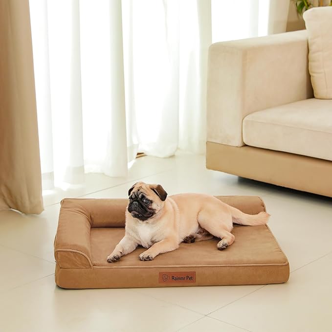 Orthopedic Dog Bed for Small & Medium Dogs, 30"x20"x6" Memory Foam Pet Bed with Washable Microsuede Cover, TPU Waterproof Liner & Nonskid Bottom, for Indoor, Outdoor, Crate & Car Use, Khaki