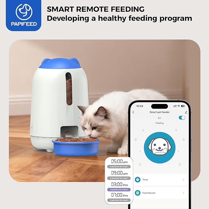 PAPIFEED Automatic Cat Feeder, 2.4G WiFi Auto Cat Food Dispenser with App Control, 3L Auto Pet Feeder with Dual Power Supply, Detachable for Easy Clean for Cats and Small Dogs, Blue