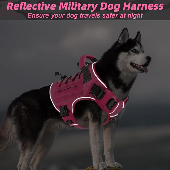 WINGOIN Pink Tactical Dog Harness for Large Dogs, Heavy Duty No Pull Dog Harness with Handle, Adjustable Reflective Military K9 Big Pet Vest for Husky, Doberman, Walking, Training, Hunting (XL)