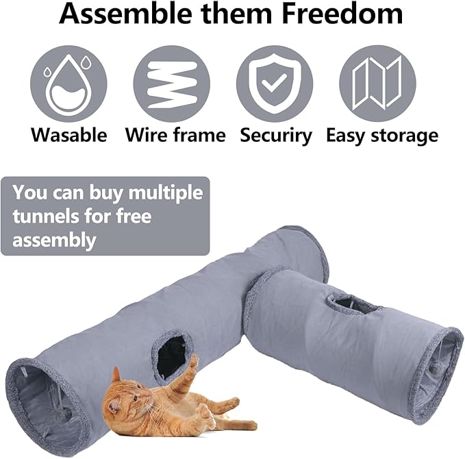 Collapsible Cat Tunnel with Play Ball - Durable Suede Indoor Cat Play Tube for Kitten, Puppy and Rabbit (Medium)