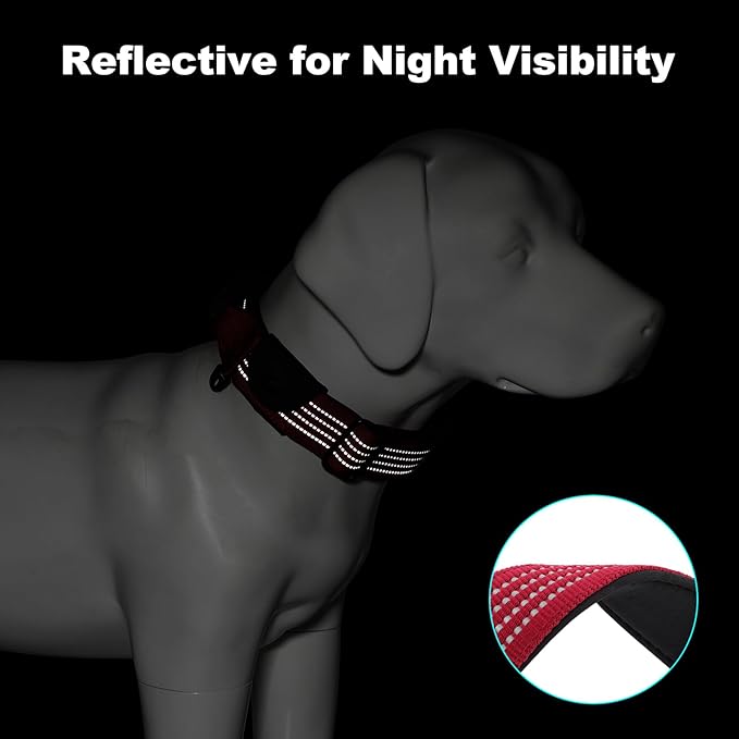 Plutus Pet Tactical Dog Collar with Tracker Packet for AirTag, Adjustable Reflective Nylon Collar, Metal Buckle, Leather-Wrapped Handle, Soft Padded for Medium Large Dogs (Burgundy Red, S)