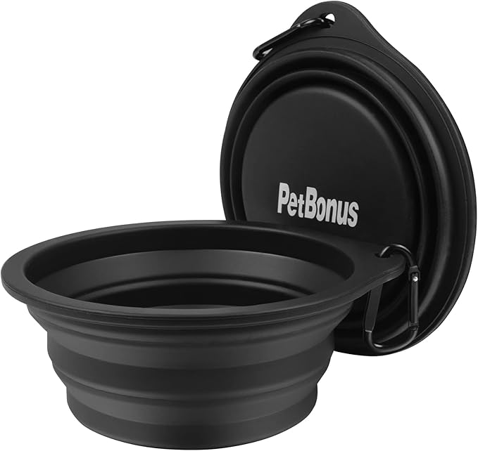 PetBonus 2-Pack Large Silicone Collapsible Dog Bowls, 34oz/1000ml BPA Free Portable Foldable Travel Bowl for Pet Cat, Food Water Feeding Dish for Camping with 2 Carabiners (Black, Black)