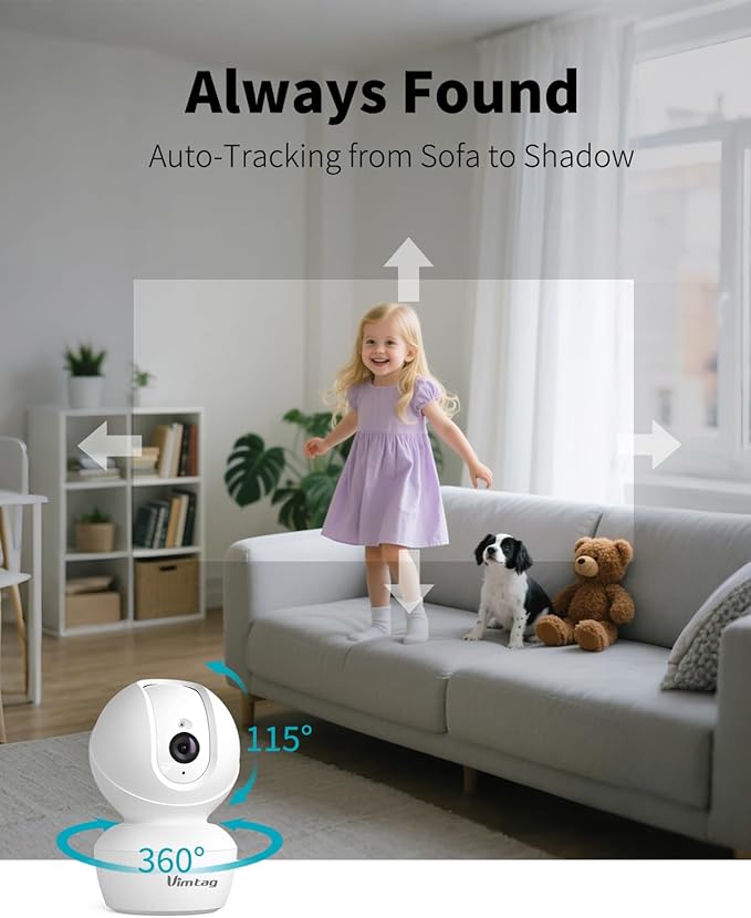 VIMTAG 5G/2.4G Indoor Security Camera, 2.5K Pet Camera with Speaker 360 Pan, Baby Cameras for Home Security Puppy Dog Cat, 2-Way Audio, Free AI Detection, Motion Tracking, IR Night Vision, w/Alexa