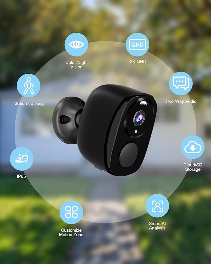 5G Security Cameras Wireless Outdoor 4pack, 2K Battery Powered Camera for Home Security with IP65, SD/Free Cloud Storage, No Monthly Fee, AI Motion Detection, Color Night Vision, 2-Way Audio,Alexa