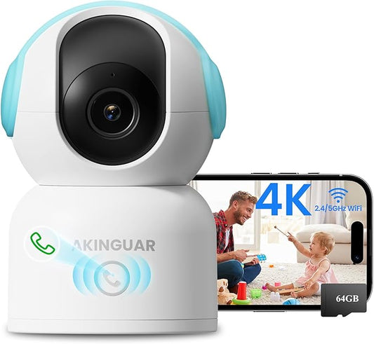 4K 8MP Indoor Security Camera with 64GB Memory Card, 5GHz/2.4GHz WiFi Camera, 360° Pan/Tilt IP Camera, Auto Tracking, AI Human/Face/Pet Detection, Night Vision, 2-Way Audio, One-Touch Call