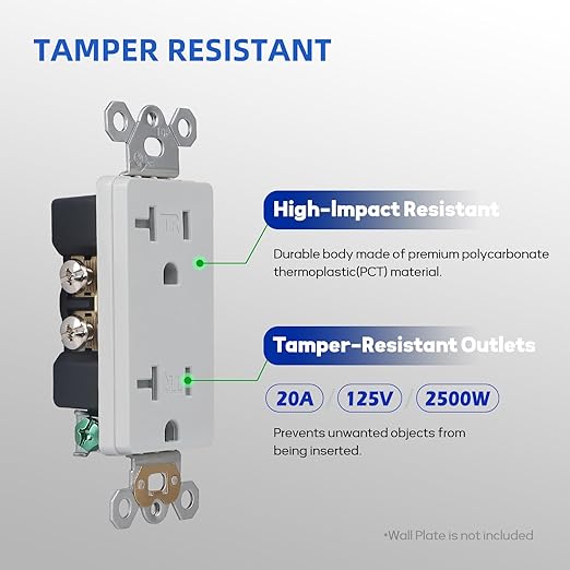 10 Pack Standard Decorator Electrical Wall Receptacle, 20 Amp Tamper Resistant Outlet, Self-Grounding, Residential Grade, 2 Pole 3 Wire, UL Listed, Gray