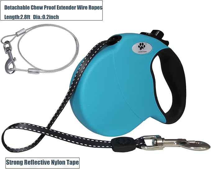13ft Retractable Dog Leash for Small Breed Dogs up to 22 lbs with a Detachable Chew Proof Extender Wire Ropes (Blue S)