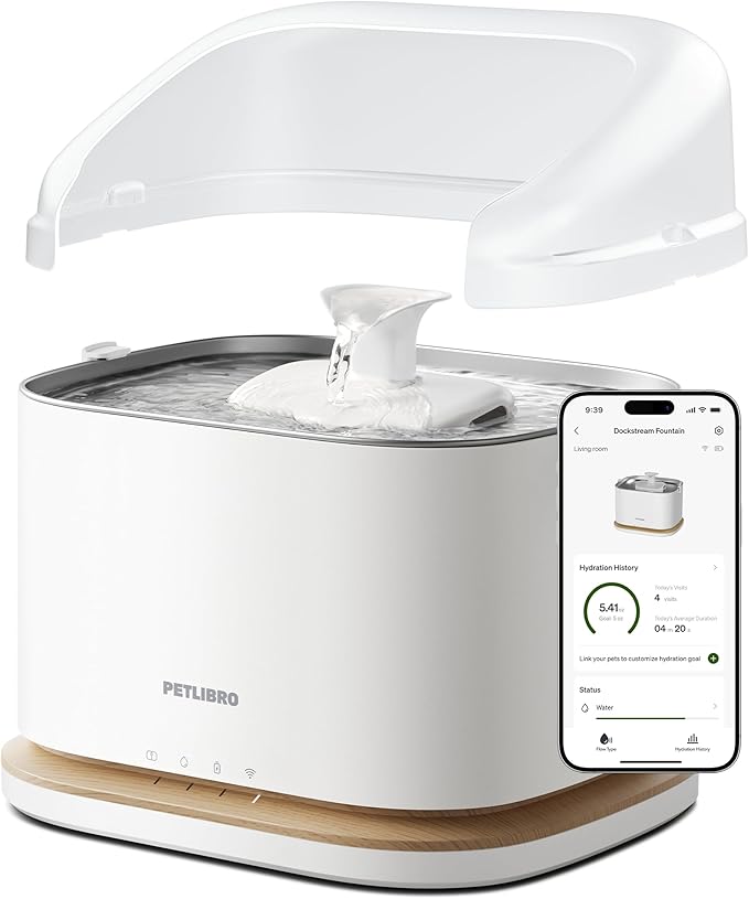 PETLIBRO Upgrade Cordless Cat Water Fountain + Splash Shield, Cat Fountain App Monitoring 3L/101oz Dockstream 2 Pet Water Fountain with Stainless Steel Tray, Shield Prevent Water Spills