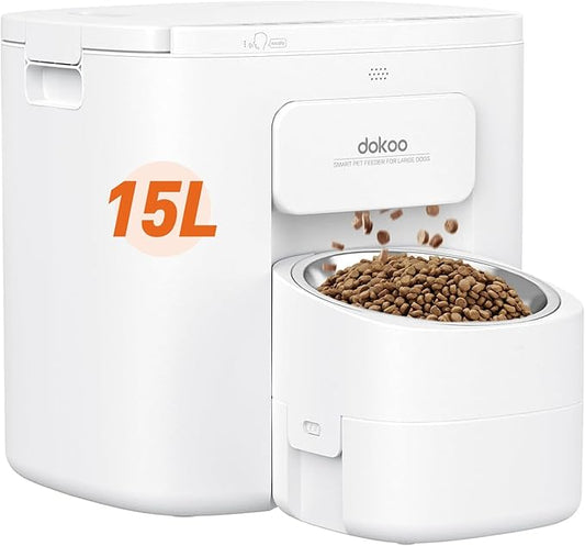 15L Automatic Dog Feeder for Large Breed, 2025 Vacuum-Sealed Storage Airtight 100% Freshness Timed Auto Dog Food Dispenser, Anti-Blockage System, Support up to 22mm Pet Food, Stainless Steel Bowl