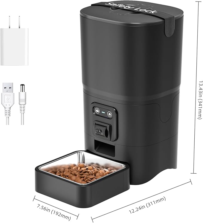 PAPIFEED Automatic Cat Feeder 6L 2.4G WiFi Smart Pet Feeder with Camera & Two-Way Audio, Adjustable Angle, Easy to Clean Detachable Feeding Schedule 1-10 Meals Per Day for Cats & Small Dogs - Black