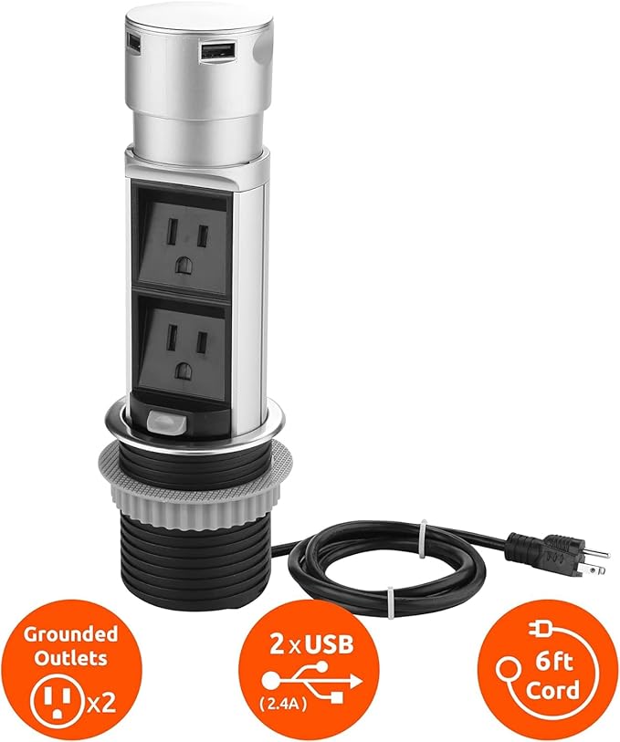 Link2Home 2 Pack Space Saver Pop Up Outlet Station with USB, 2 Power Outlets 15A, 2 USB Ports 2.4A Fast Charge Splash Resistant, Stainless-Steel Finish, for Kitchen Island, Office Table and Workshop