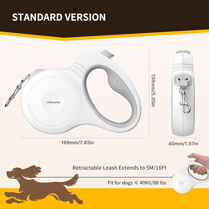 16Ft Retractable Dog Leash for Small, Medium & Large Dogs with One-Hand Brake Lock, Ergonomic Comfort Grip Handle, 360° Tangle-Free Swivel and Strong Nylon Tape (White)