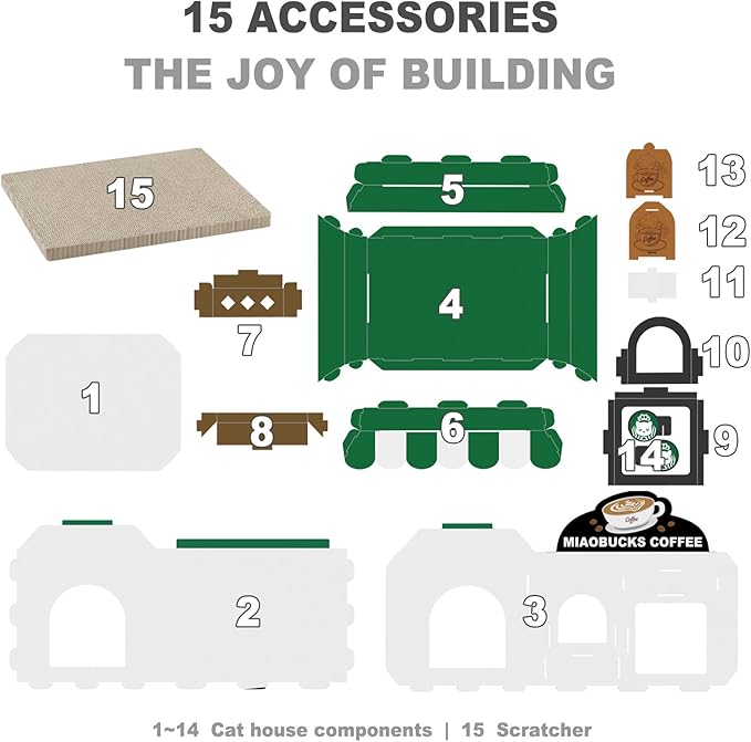 Cardboard Cat House with Scratcher – Coffee Shop Design, 19''L x16''W x15''H, Indoor/Outdoor Cat Playhouse & Hideout, Corrugated Cat Scratch Toy for Cats up to 22 lbs, Small Pets, Cute Home Decor Gift