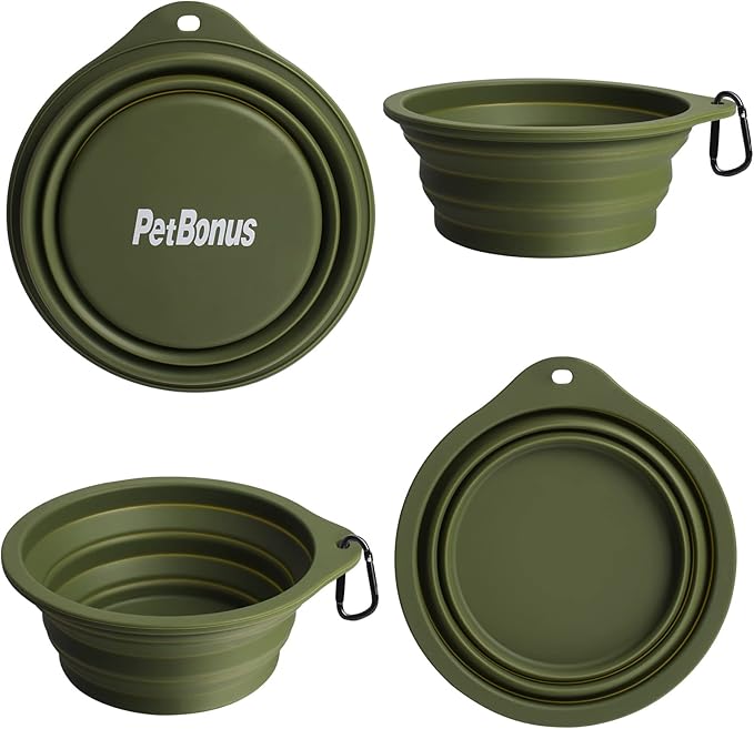 PetBonus 2-Pack Silicone Collapsible Dog Bowls, BPA Free Dishwasher Safe, Portable Foldable Expandable Travel Bowl, Food Water Feeding Cup Dish for Dogs Cats with 2 Carabiners (Army Green, Navy Blue)