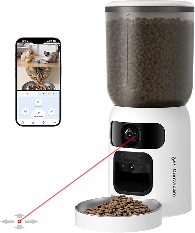 Automatic Cat Feeder with Dual 2K HD Camera, Smart Pet Food Dispenser for Timed Meals, APP Control Laser Interactive Toy Treat Feeders with 2.4G / 5G WiFi, White