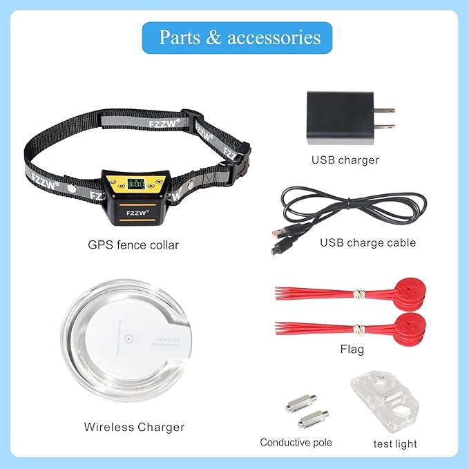 Plkm Wireless Dog Fence Pet Electric GPS Fence Containment System, Adjustable Control Range Warning Strength, Wireless Charging Wireless GPS Dog Fence, Fully Sealed Waterproof Collar Receiver