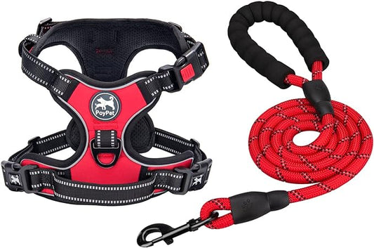 PoyPet Dog Harness and Leash Combo, Escape Proof No Pull Vest Harness, with 5 Feet Leash, Reflective Adjustable Soft Padded Pet Harness with Handle for Small to Large Dogs(Red,M)