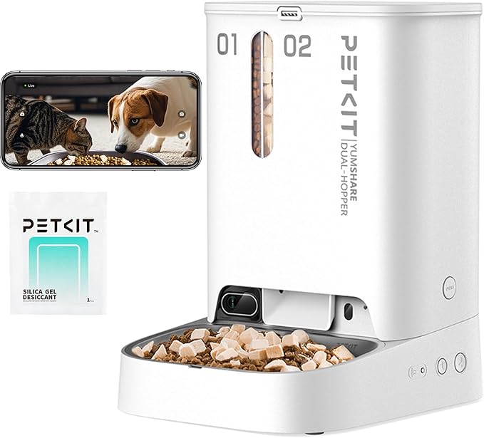 PETKIT Automatic Cat Dog Feeder with Camera, AI-Powered Motion Capturing, 1080P HD Video with Night Vision, 2.4G WiFi Pet Feeder with 2-Way Audio, Dual Hopper Pet Food Dispenser with Desiccant
