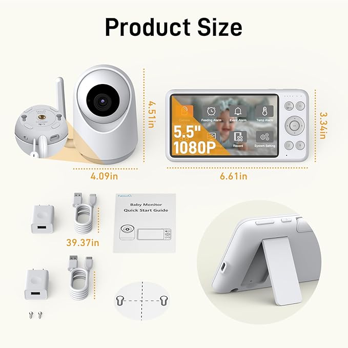 NEWQ HD Baby Monitor: No WiFi 1080P Display Clear Night Vision with Video Recording Feature, Temperature Sensor Function, 2 Way Audio Talking