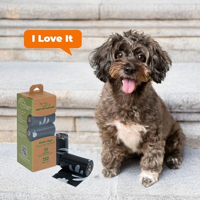 Best Pet Supplies Poop Bags for Dogs, 50% Post-Consumer Recycled Content dog waste bags on rolls, fits all poop bag holders for leashes - Black, 150 Count, Unscented