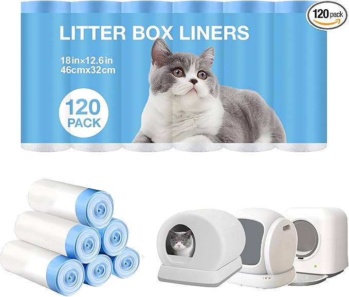 Thicken Cat Litter Bags 120 Pack, cat litter box liners, Leakproof Poop Bags & Waste Bags - Ultimate Odor Control and Leakproof Design,6 Rolls Drawstring Trash Bags for Automatic Litte(18x12.6 inches)