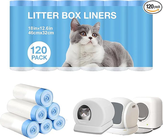 Thicken Cat Litter Bags 120 Pack, cat litter box liners, Leakproof Poop Bags & Waste Bags - Ultimate Odor Control and Leakproof Design,6 Rolls Drawstring Trash Bags for Automatic Litte(18x12.6 inches)