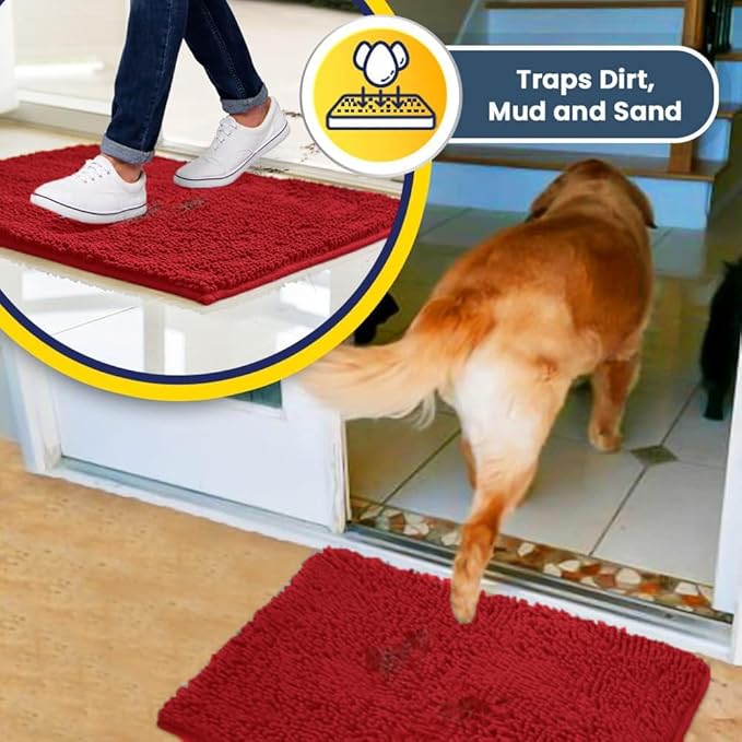 Muddy Mat® AS-SEEN-ON-TV Highly Absorbent Microfiber Door Mat and Pet Rug, Non Slip Thick Washable Area and Bath Mat Soft Chenille for Kitchen Bathroom Bedroom Indoor and Outdoor - Red 6ft x 9ft