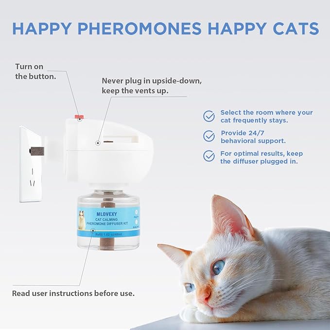 Cat Calming Diffuser for Cat Anxiety Relief, Cat Pheromones Calming Diffuser to Reduce Cat Scratching and Spraying, Multicat Calming Diffuser (2 Refills 1 Diffuser, 60 Days)