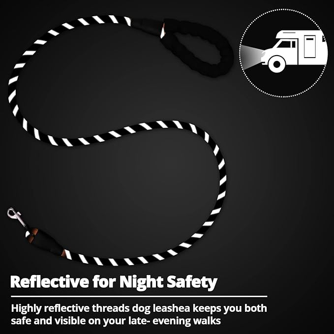 Rope Dog Leash 5 FT: Heavy Duty Leashes with Swivel Lockable Hook Reflective Threads Bungee and Padded Handle - Dog Lead for Large Small Medium Dogs Outside Walking Hiking Black