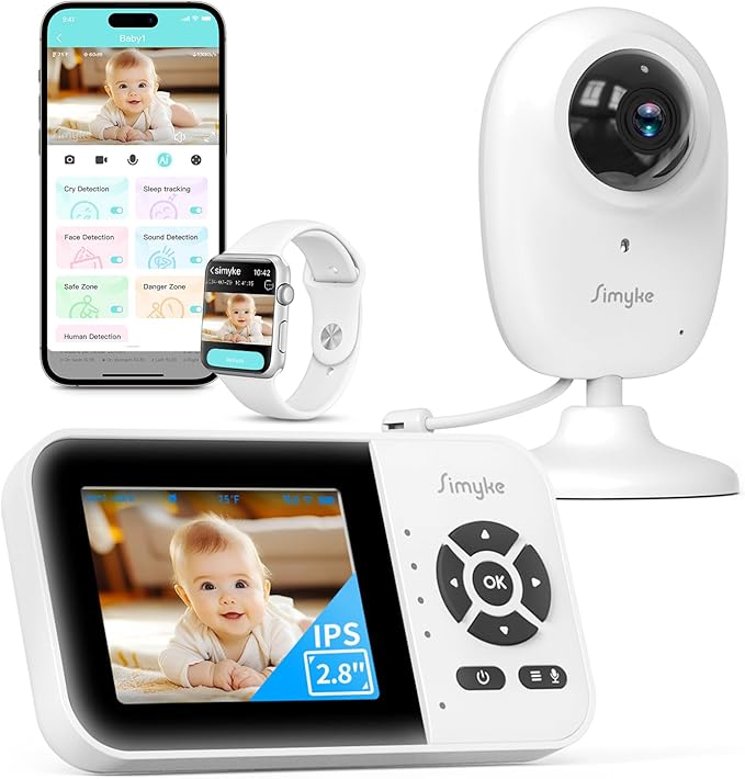 Dual Mode Baby Monitor,1080p Video APP,2.8'' IPS Screen,10-Hour Streaming,Smart AI Humanoid&Cry Detection,Camera&Audio,Two-Way Talk,Night Vision,Lullaby,1500ft Long Range,Video playback&storage