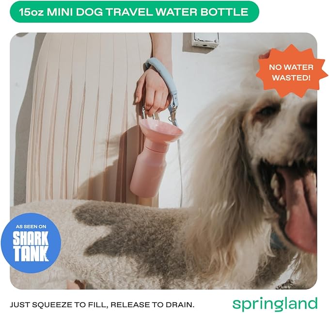 Springer by Springland Dog Water Bottle | Portable Travel Water Bottle Dispenser for Dogs | Dog Gift Seen on Oprah's Favorite Things, Shark Tank | Leak-Proof Bottles | 15oz Cotton Candy