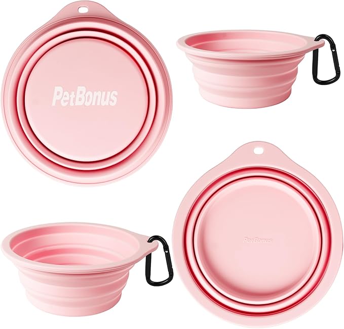 PetBonus 2-Pack Silicone Collapsible Dog Bowls, BPA Free Dishwasher Safe, Portable Foldable Expandable Travel Bowl, Food Water Feeding Cup Dish for Dogs Cats with 2 Carabiners (Grey, Chalk Pink)