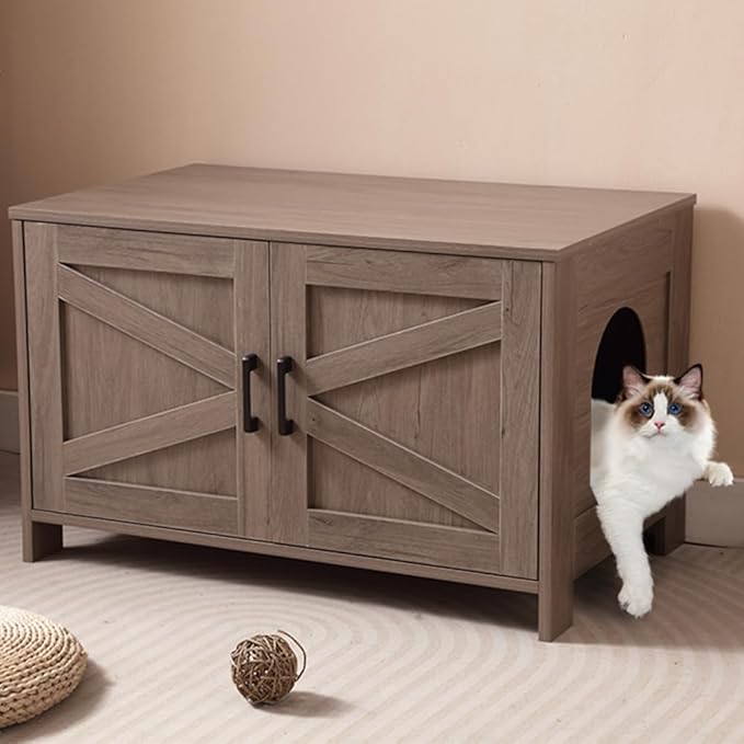 Cat Litter Box Enclosure, Litter Box Furniture Hidden with Barn Door, Wooden Kitty Washroom Furniture, Cat House, End Table, Fit Most of Litter Box (Spacious + Greige + Wood)
