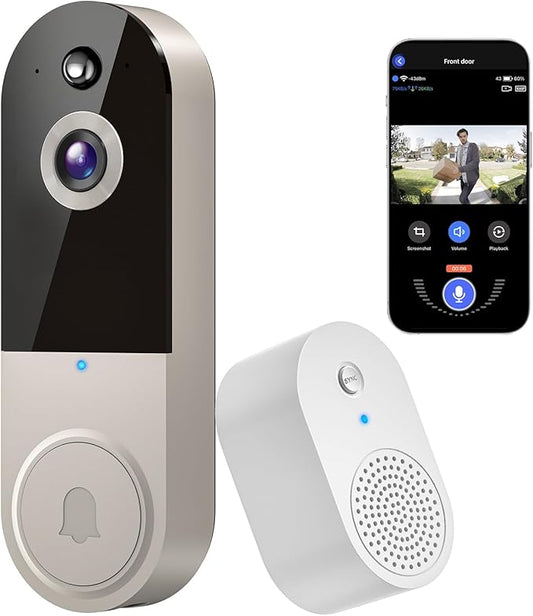 1080P Video Doorbell Camera, Wireless Indoor/Outdoor Surveillance Camera, Cloud Storage, 2.4G WiFi Only, AI Human Detection, Instant Alert, Night Vision, Two Way Audio (Linen)