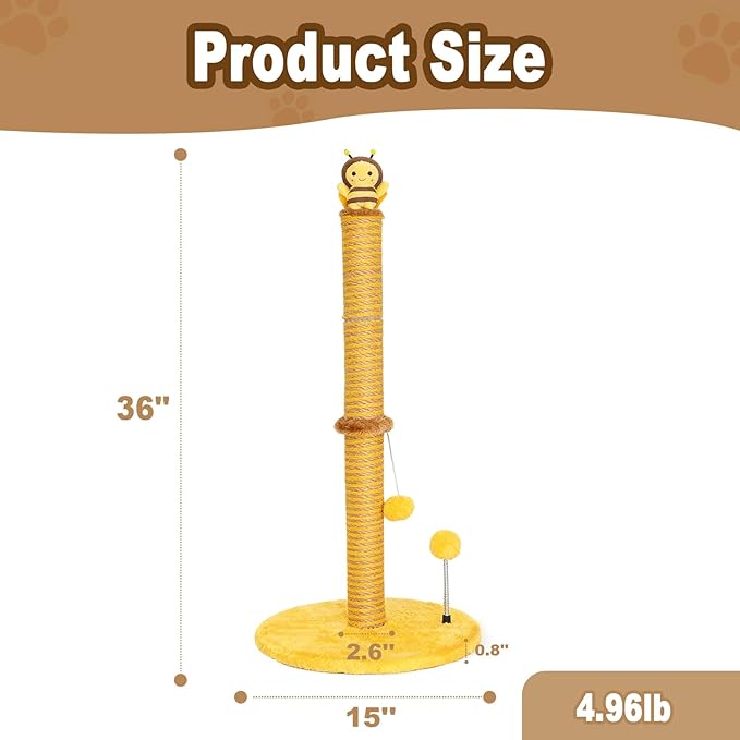 Bee Cat Scratching Post, 36" Tall Cat Scratcher for Indoor Cats - Modern Sisal Scratch Post with Dangling Ball & Plush Toys for Kittens and Adult Cats