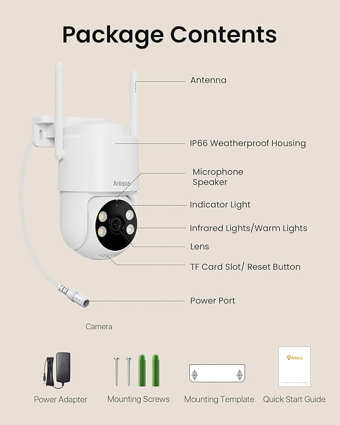 Anlapus 4 x C281 3MP 2K Security WiFi Camera Outdoor, 360° Pan/Tilt Wired Security Camera, AI Detect, Auto Track, Color Night Vision, 2-Way Talk, 2.4/5GHz, Light Siren Alarm, Cloud/Memory Card Storage