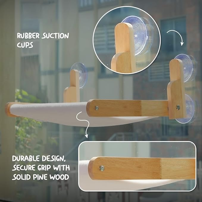 Foldable Cat Window Perch with Plush Furry Cover, Cat Hammock with Wooden Frame - Sturdy Suction Cups, No Drilling Required, Perfect for Indoor Cats & Kitchens, Easy to Clean