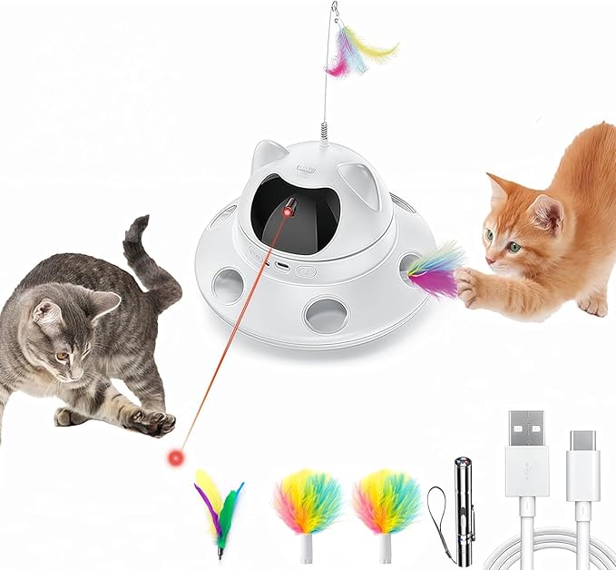 3-in-1 Cat Laser Toy & Interactive Automatic Motion-Activated Kitten Toy – 6 Holes Whack-A-Mole Feather & Moving Ambush Fun – USB Rechargeable, Apply To – Indoor Exercise for Cats of All Breeds