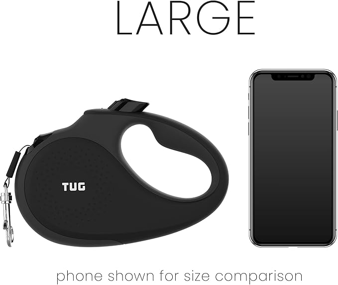 TUG 360° Tangle-Free Retractable Dog Leash with Anti-Slip Handle | 16 ft Strong Nylon Tape | One-Handed Brake, Pause, Lock (Large, Black/Grey)