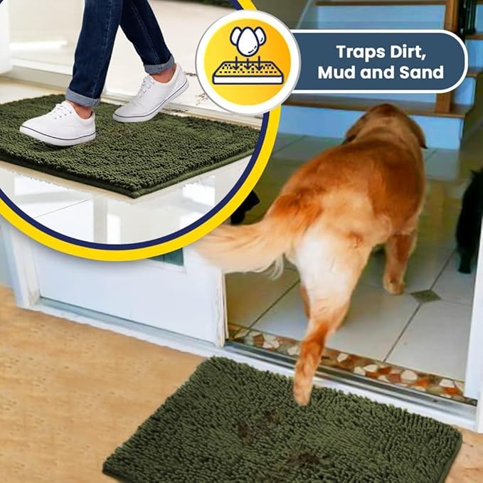Muddy Mat® | Super Absorbent Door Mat Indoor, Microfiber Quick Dry Chenille Entryway Rug, Non-Slip Front Door Mat, Indoor Mats for Entryway, Machine Washable Pet Rug, Army Green 36"x60"