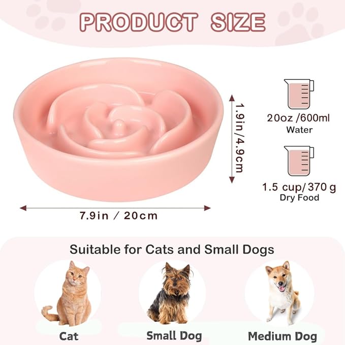 TRUVIC Ceramic Slow Feeder Dog Bowls, 1.5 Cup Puzzle Slow Feeder Bowls for Fast Eaters, Ceramic Dog Food Dish no Black Chin, Puzzle Bowl for Medium Dogs, Pink