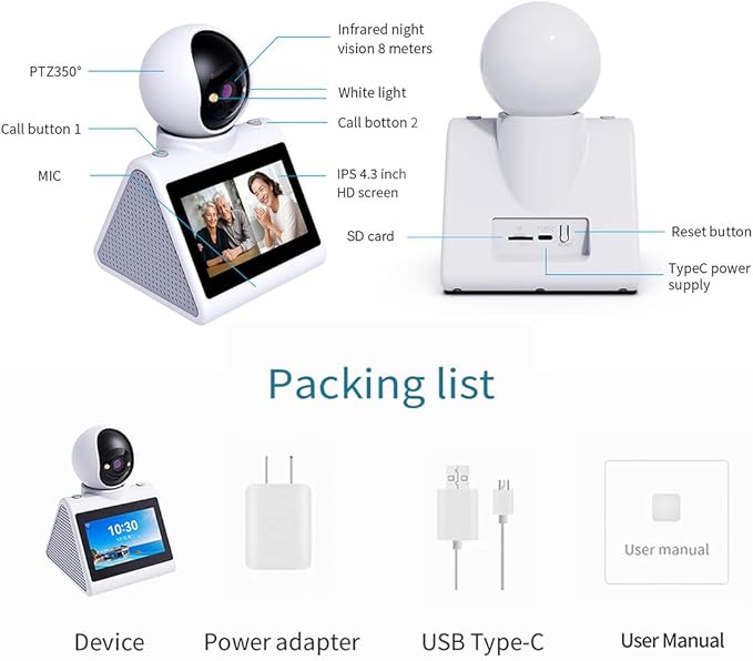 Two Way Video Camera,Indoor Home Security Cameras Baby Monitor Pet Dog Camera with Phone App,Motion for Elderly/Nanny/Pet/Dog/Baby,Audio Calling Device Pan Til,Motion Detection