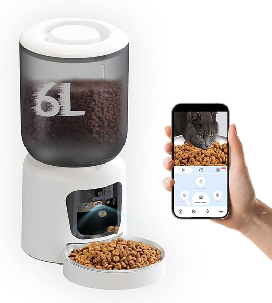 Automatic Cat Feeder with 2K HD Camera, 2.4/5G WiFi 6L Pet Feeder Automatic for Cats & Dogs, Dog Automatic Feeder APP Control, Programmable Cat Food Dispenser with Night Vision,Two-Way Audio (White)
