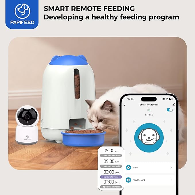 PAPIFEED 3L Automatic Cat Feeder and External Camera, 2.4G WiFi Auto Pet Feeder with App Control and Dual Power Supply, 1080P HD Video with Enhanced IR Night Vision, Two-Way Voice Call Camera, Blue