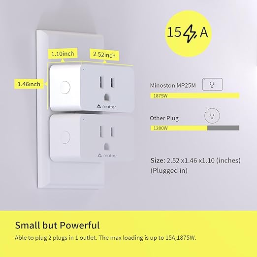 Minoston Matter Smart Plug, Compatible with Alexa, Google Home, Apple Home, SmartThings, Siri, Smart Outlet 15A Max, APP Remote Control, 2.4G Wi-Fi Only, Protect Privacy, 2 Pack