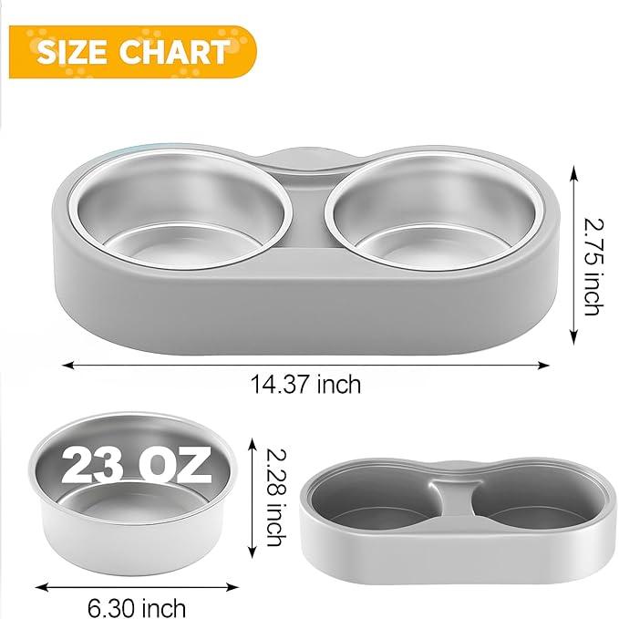 Pet Heated Bowl for Cat Dog, Freeze-Proof Warming Animal Food Feeder with Anti-Chew Cord,Waterproof & Thermostat Heating Bowls Removeable, (2 x 23 fl oz, Grey)